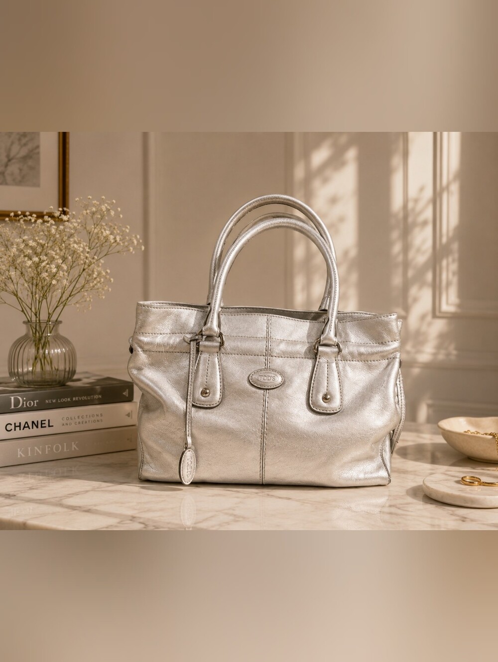 Tod’s Metallic Silver Leather New Restyling D-Bag Media Tote Bag